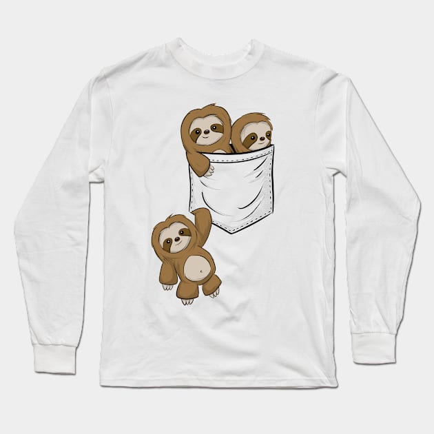 For Sloth Lovers Cute Kawaii Baby Sloths In Pocket Long Sleeve T-Shirt by SkizzenMonster